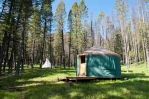 Round yurt for sleeping overnight at Feathered Pipe Ranch in Montana.