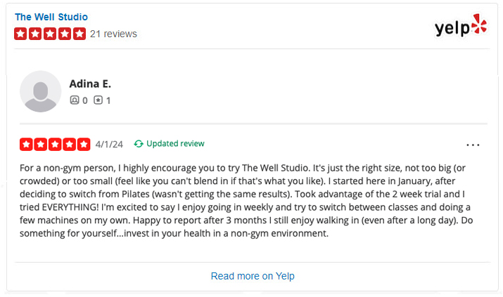 A Yelp Review summarizing how happy a new member is with The Well Studio.