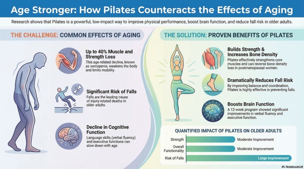 An infographic explaining how to age stronger with how pilates counteracts the effects of aging based on research.