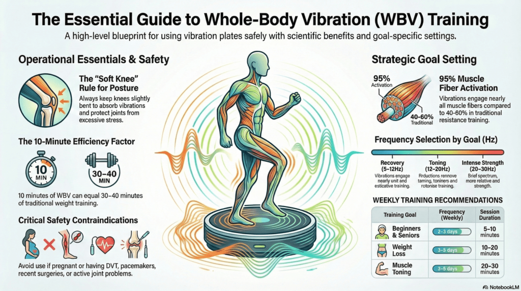 This infographic presents a brief guide to whole body vibration plate training. It touches on operational essentials and strategic goal setting for use of vibration plates