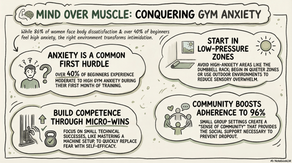 This infographic titled "mind over muscle: conquering gym anxiety" lays our how to build competence through micro-wins and finding a low pressure "safe-space" to workout, all within a community setting that supports your goals.