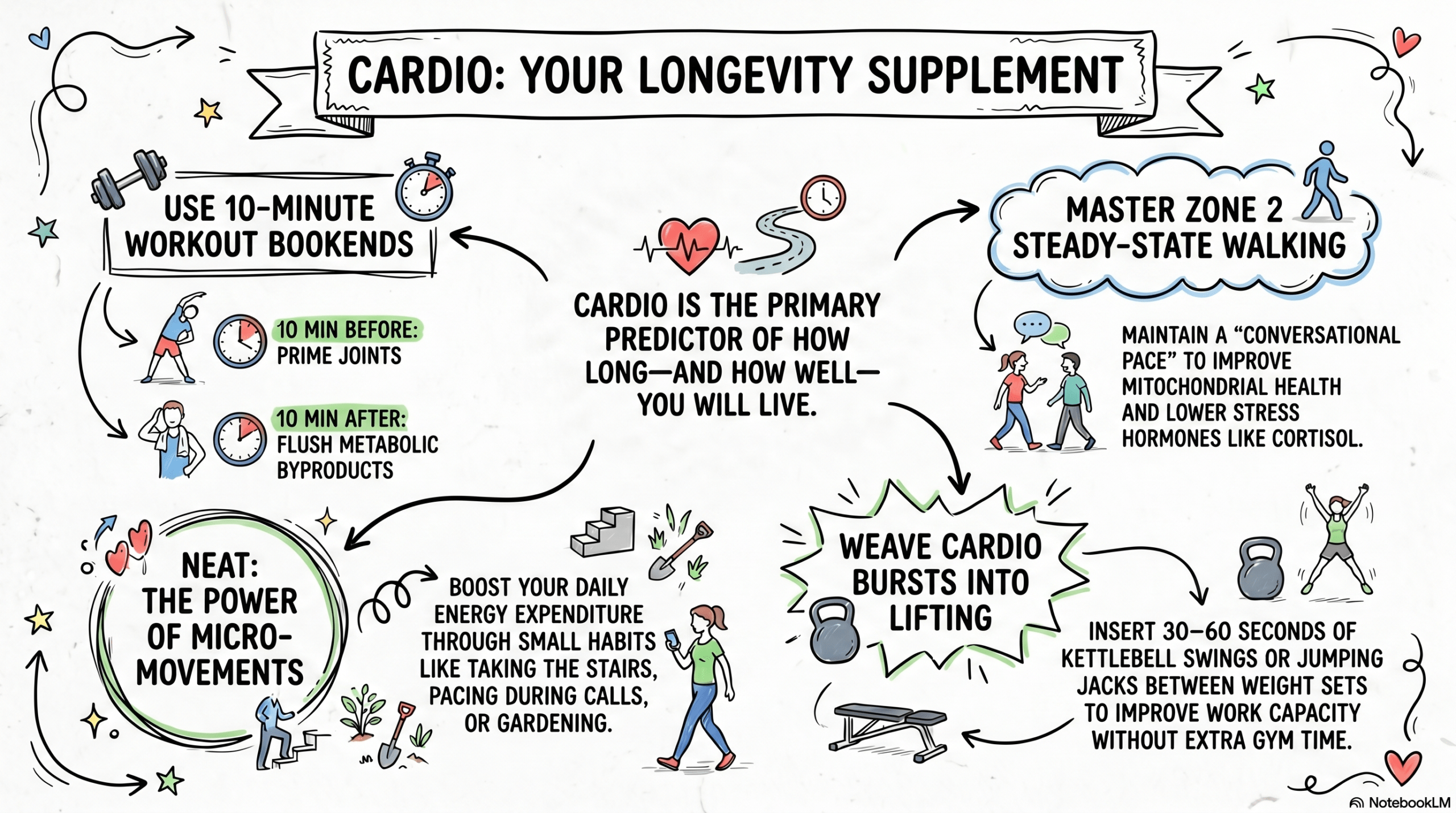 infographic explaining how to use 10-minutes workout bookends with the NEAT concept with micro-movements along with zone 2 steady-state walking to build resilient cardio strength.