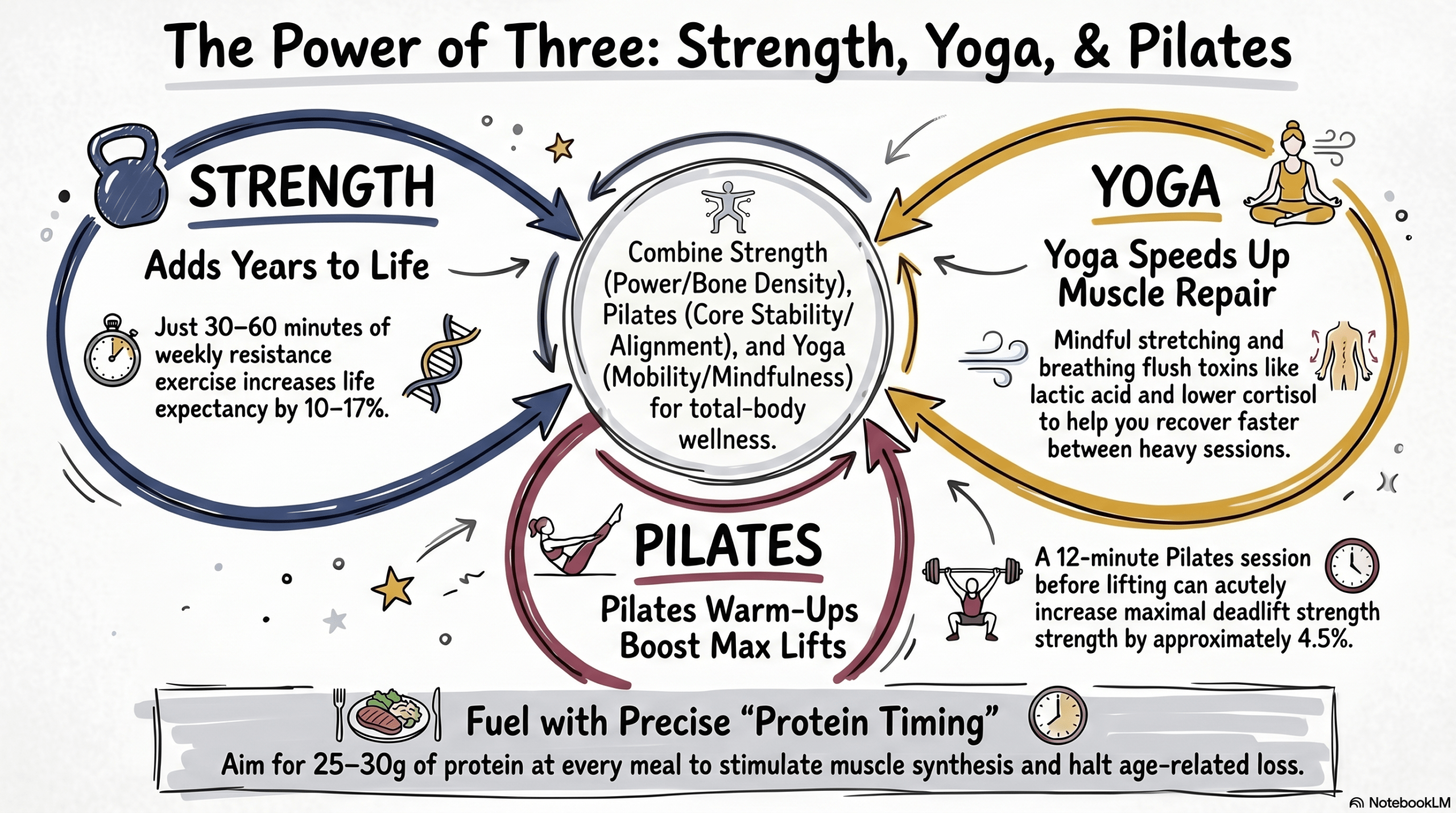 The power of three: strength, yoga & pilates. Combine strength (power / bone density), Pilates (Core Stability / Alignment), and Yoga (Mobility / Mindfulness) for total-body wellness.