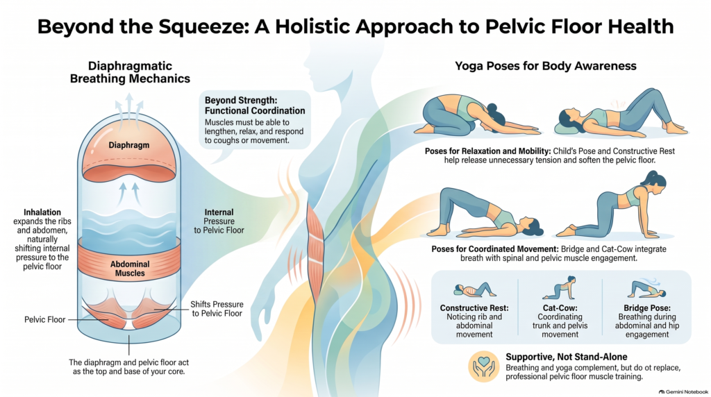 infographic that offers considerations for a holistic approach to pelvic floor health; going beyond the squeeze.