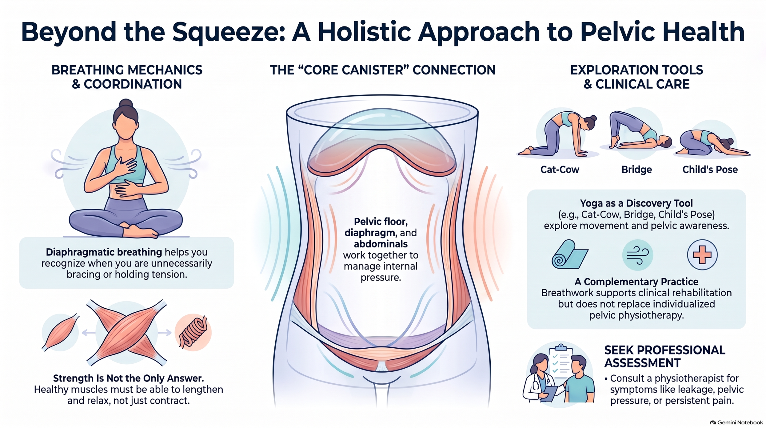 infographic offering a holistic approach to pelvic health that includes breathing mechanics, exploration tools, such as yoga and seeking a professional assessment via clinical care
