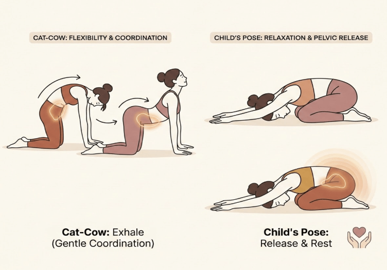 Image of yoga poses that can help with pelvic health: cat-cow and child's pose.